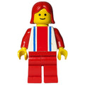 fig-008763 – Woman, White Top with Large Red Stripe and 2 Blue Stripes, Red Legs, Red Hair
