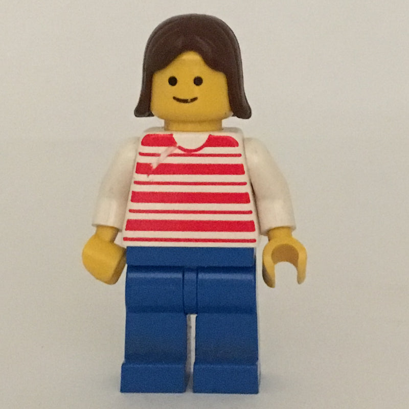 fig-008768 – Woman, Red and White Striped Shirt, Blue Legs, Brown Hair