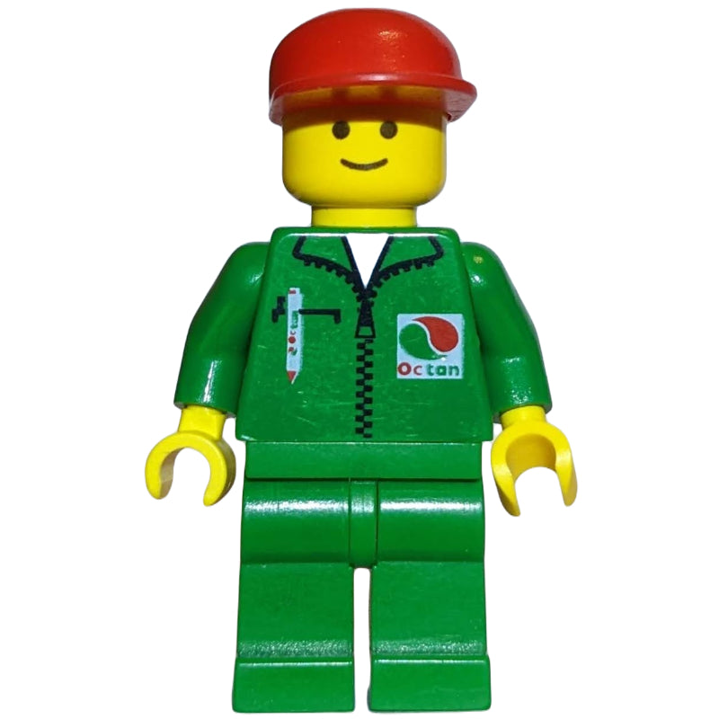 fig-008813 – Man, Green Jumpsuit with Octan Logo, Red Cap