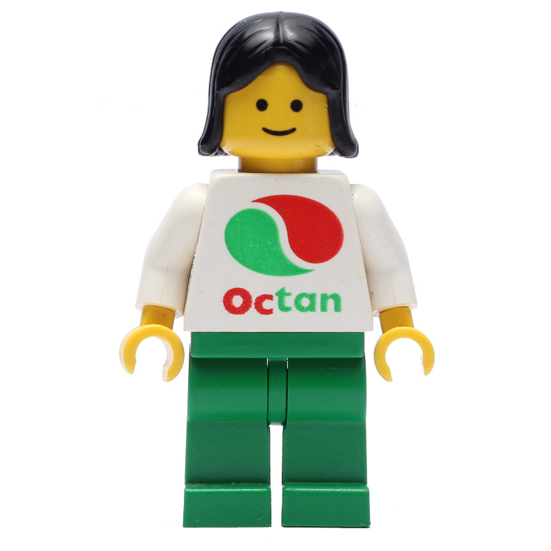 fig-008814 – Woman, White Top with Large Octan Logo, Green Legs, Black Hair