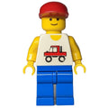 fig-008820 – Man, White Vest with Truck, Blue Legs, Red Cap (3626b Head)