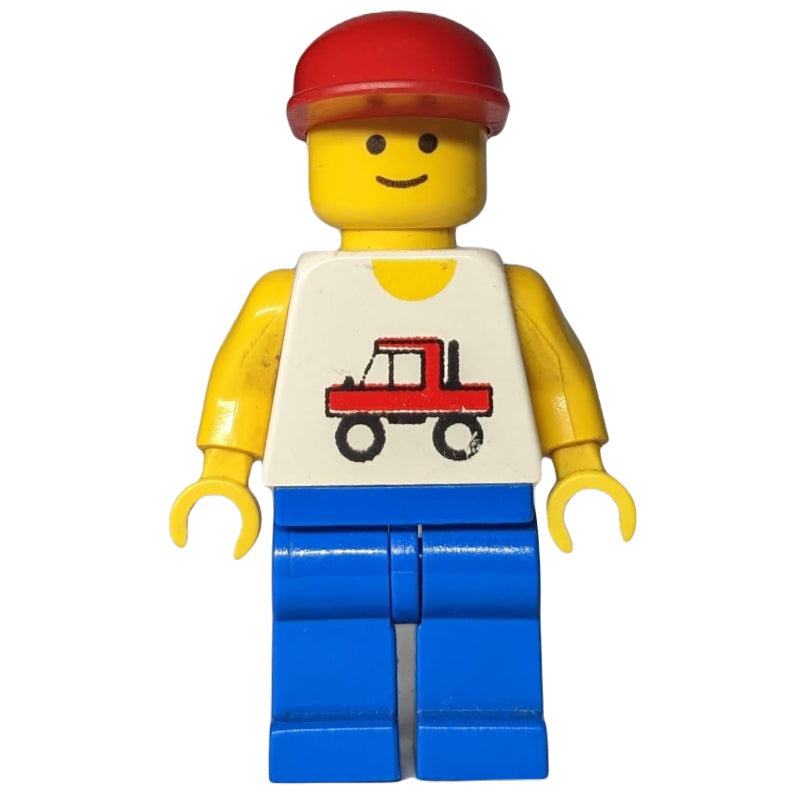 fig-008820 – Man, White Vest with Truck, Blue Legs, Red Cap (3626b Head)