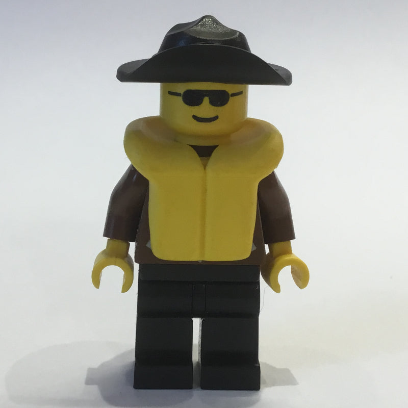 fig-008822 – Man, Brown Jacket, Black Legs, Black Hat, Yellow Life Vest, Sunglasses