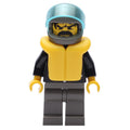 fig-008823 – Man, Open Black Jacket over Red Shirt, Light Gray Legs, Helmet and Visor, Yellow Life Vest