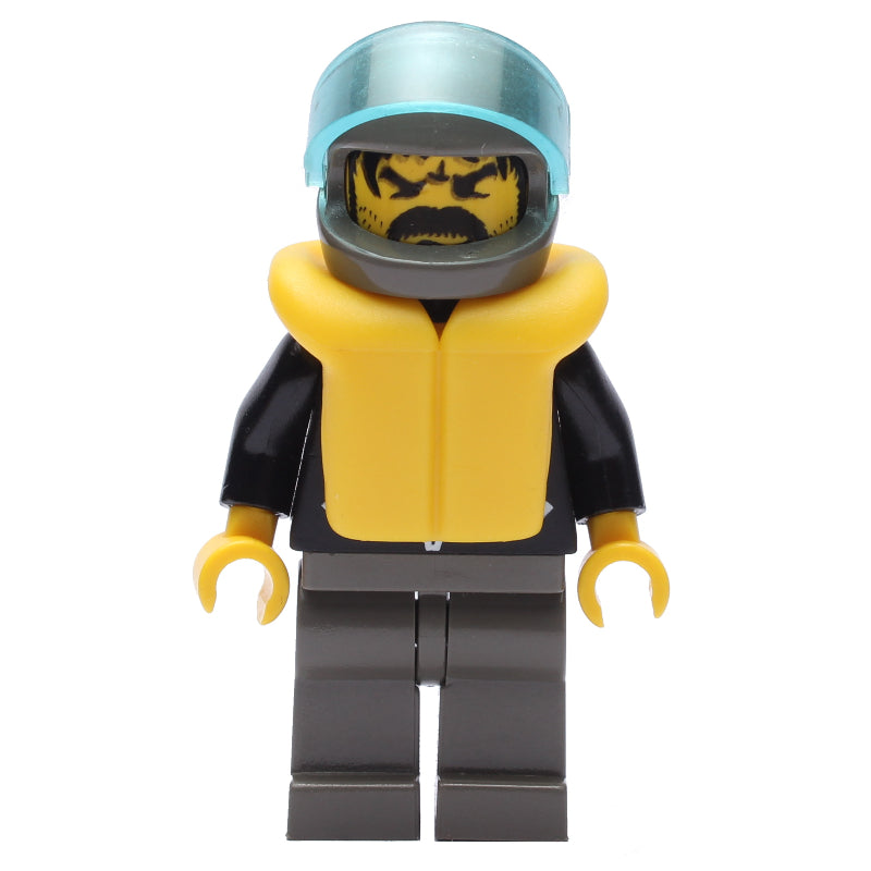 fig-008823 – Man, Open Black Jacket over Red Shirt, Light Gray Legs, Helmet and Visor, Yellow Life Vest