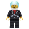 fig-008824 – Man, Open Black Jacket over Red Shirt, Black Legs, Helmet and Visor
