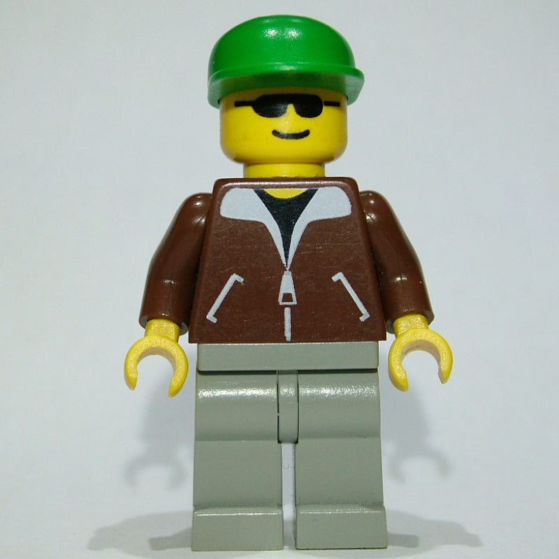 fig-008825 – Man, Brown Jacket, Light Gray Legs, Green Cap, Sunglasses