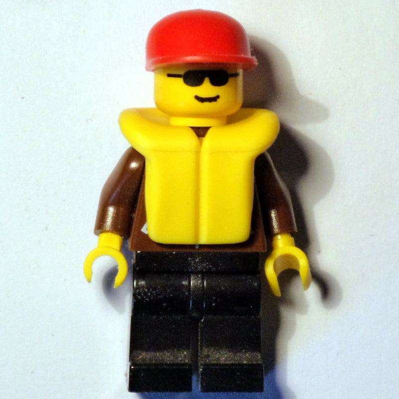 fig-008827 – Man, Brown Jacket, Black Legs, Red Cap, Yellow Life Vest, Sunglasses