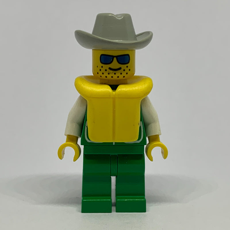 fig-008828 – Man, Green Jacket, Green Legs, Light Gray Cowbot Hat, Yellow Life Vest, Blue Sunglasses