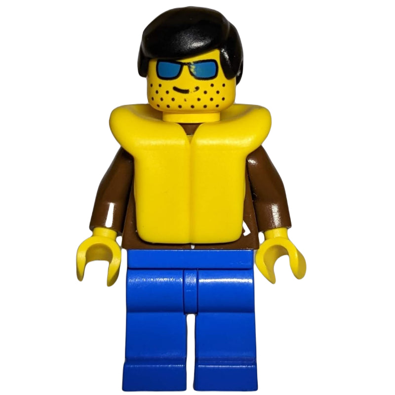 fig-008829 – Man, Brown Jacket, Blue Legs, Black Hair, Yellow Life Vest, Blue Sunglasses
