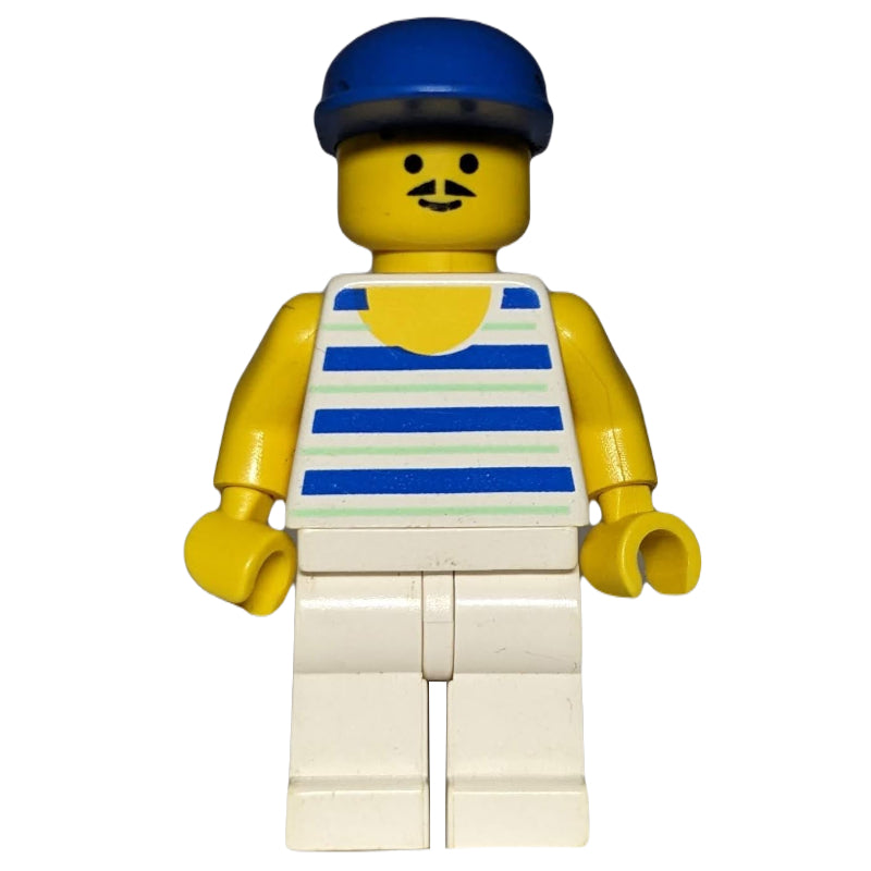 fig-008831 – Man, Blue and White Striped Tank Top, Blue Cap, Moustache