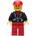 fig-008833 – Man, Open Black Jacket over Red Shirt, Red Legs, Red Cap
