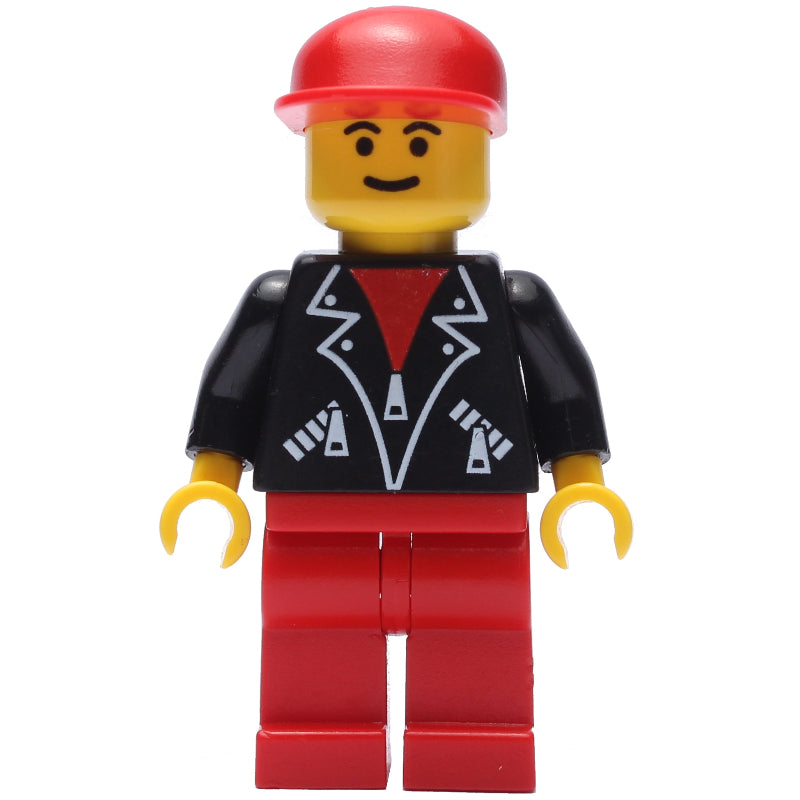 fig-008833 – Man, Open Black Jacket over Red Shirt, Red Legs, Red Cap
