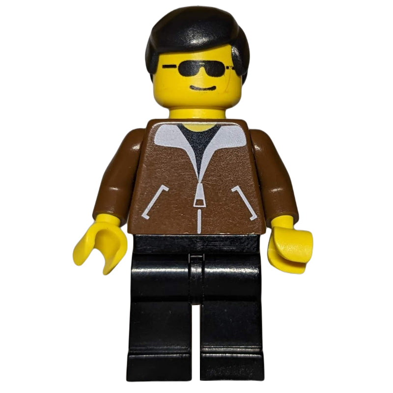 fig-008834 – Man, Brown Jacket, Blue Legs, Black Hair, Sunglasses