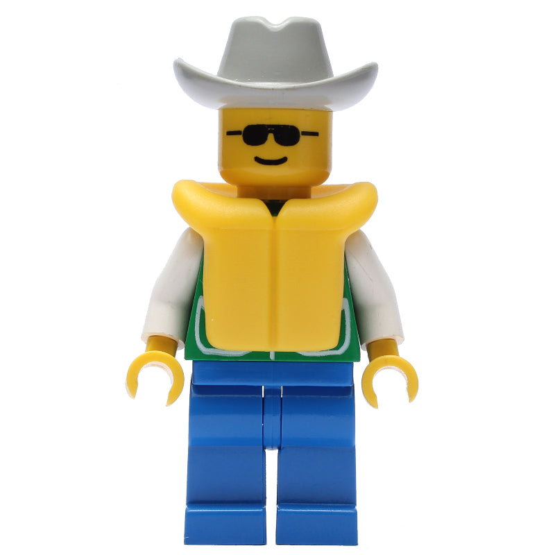 fig-008835 – Man, Green Jacket, Blue Legs, Light Gray Cowboy Hat, Yellow Life Vest, Sunglasses