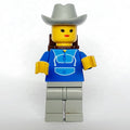 fig-008836 – Woman, Blue and Light Gray Jogging Suit, Light Gray Cowboy Hat, Backpack