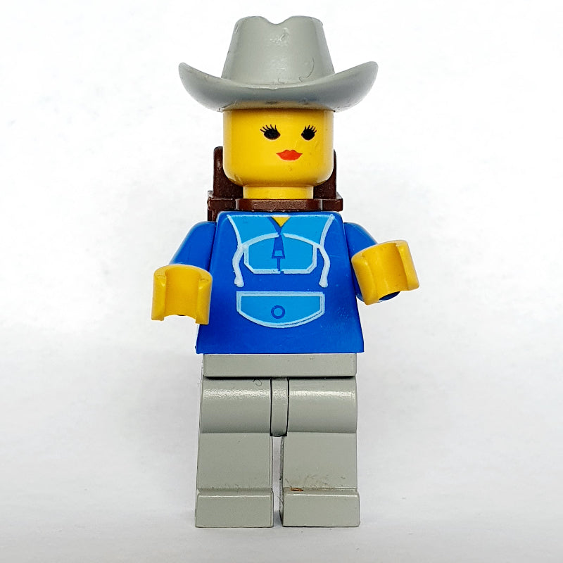 fig-008836 – Woman, Blue and Light Gray Jogging Suit, Light Gray Cowboy Hat, Backpack