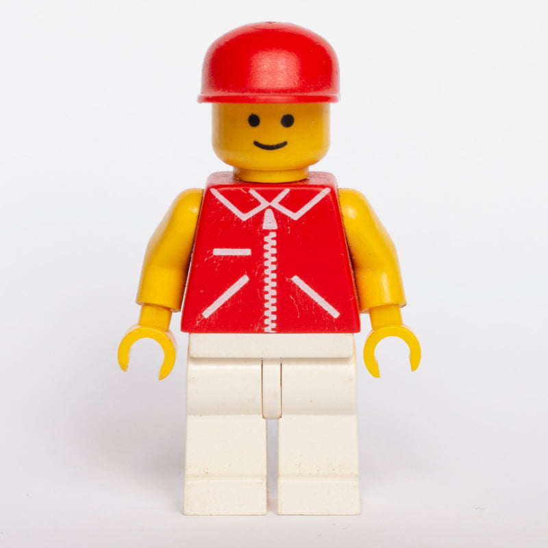 fig-008838 – Man, Red Jacket with Zipper and Pockets, White Legs, Red Cap