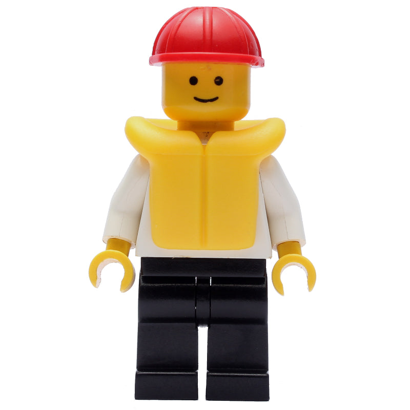 fig-008841 – Sailor, White Top with Anchor, Red Hard Hat, Yellow Life Vest