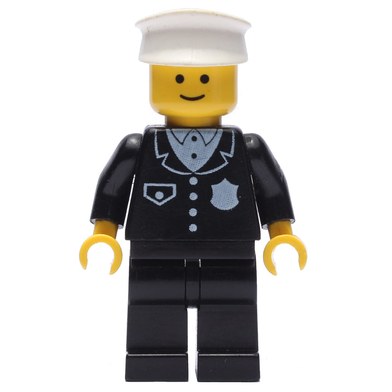 fig-008842 – Policeman, Black Suit with Pocket and Badge, White Hat (3626b Head)