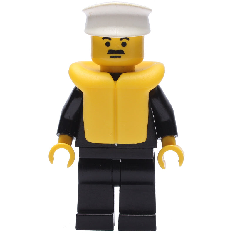 fig-008843 – Policeman, Black Suit with Tie and Badge, White Hat, Yellow Life Vest, Moustache
