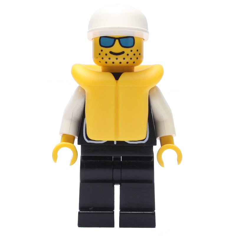 fig-008844 – Policeman, Black Vest with Badge and Pockets, White Cap, Blue Sunglasses