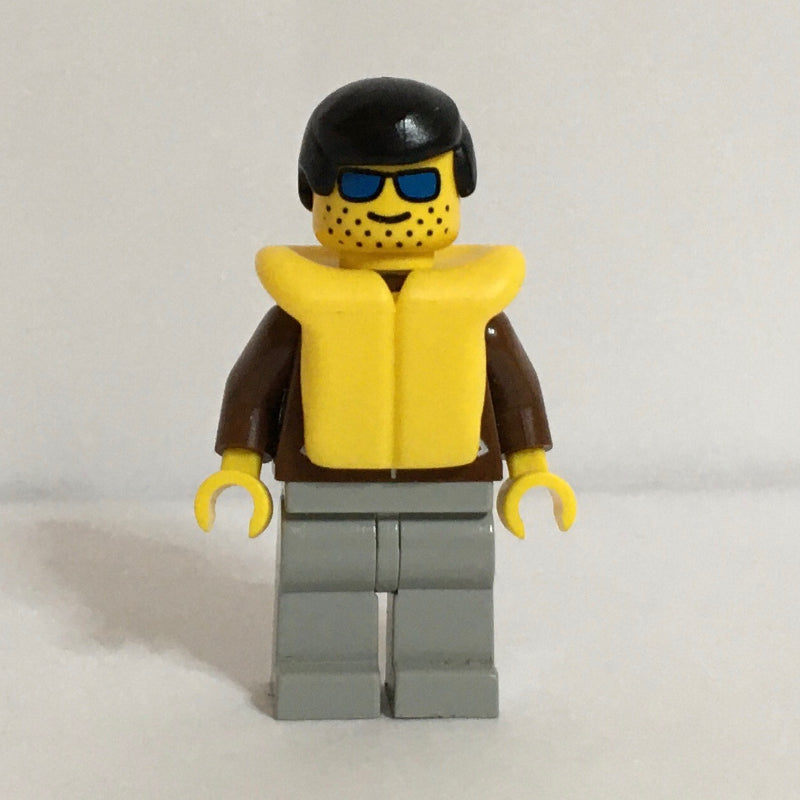 fig-008845 – Man, Brown Jacket, Light Gray Legs, Black Hair, Yellow Life Vest, Blue Sunglasses