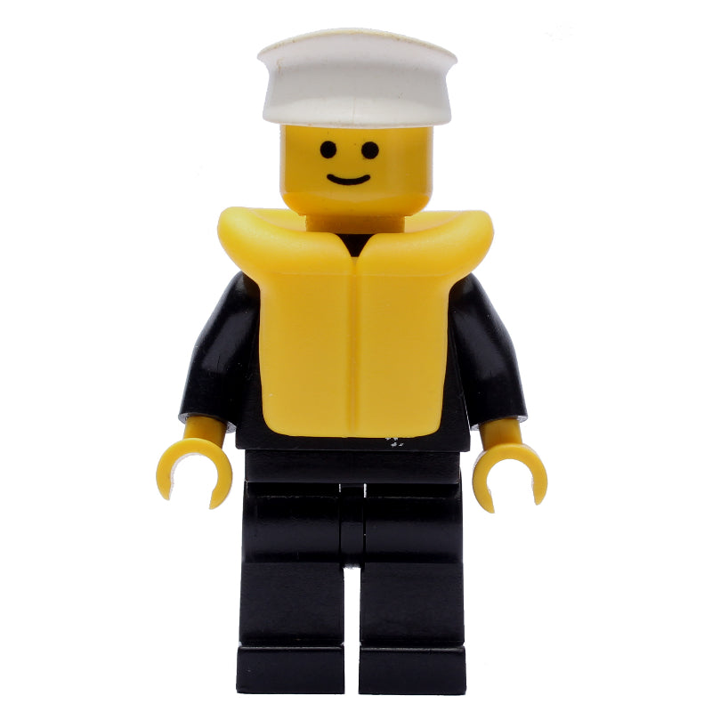 fig-008846 – Policeman, Black Jacket with Zipper and Badge, White Hat, Yellow Life Vest