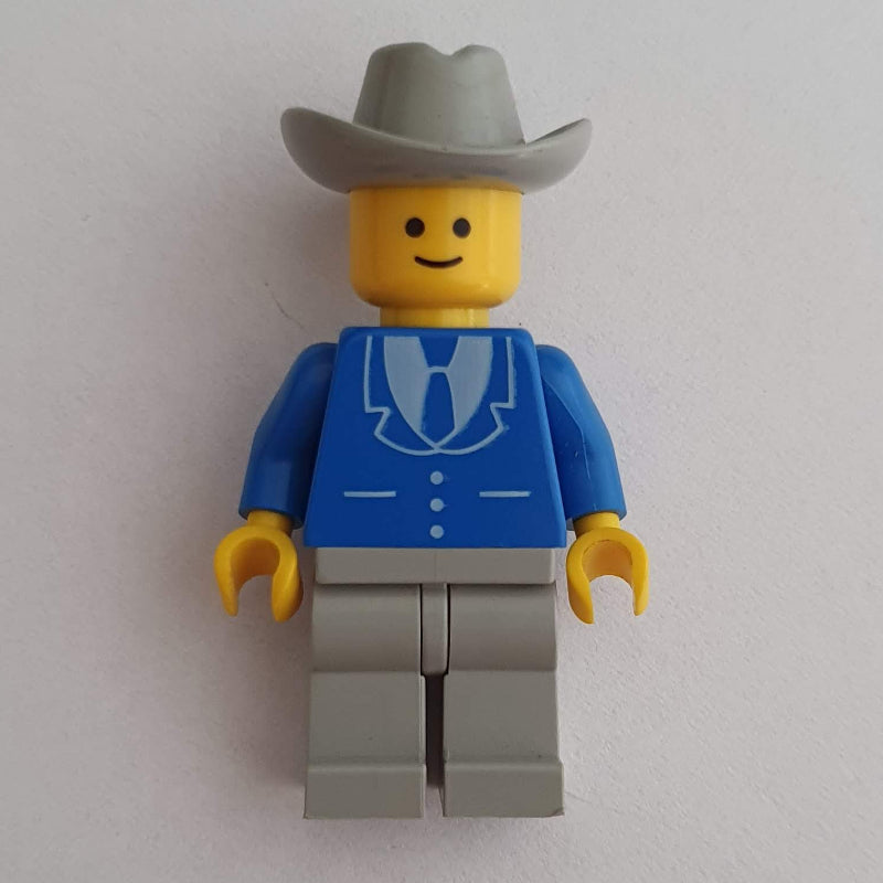 fig-008853 – Man, Blue Jacket with Tie and Three Buttons, Light Gray Legs, Light Gray Cowboy Hat (3626b Head)