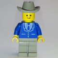 fig-008859 – Man, Blue Jacket with Tie and Three Buttons, Light Gray Legs, Light Gray Cowboy Hat (3626a Head)