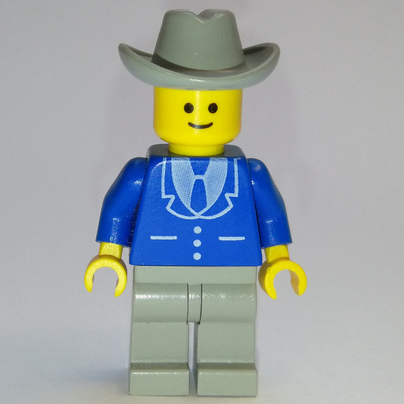 fig-008859 – Man, Blue Jacket with Tie and Three Buttons, Light Gray Legs, Light Gray Cowboy Hat (3626a Head)