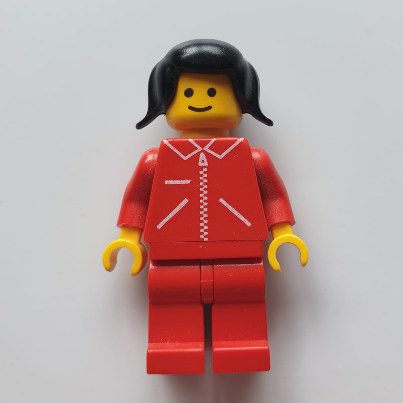fig-008860 – Woman, Red Jacket with Zipper and Pockets, Red Legs, Black Hair