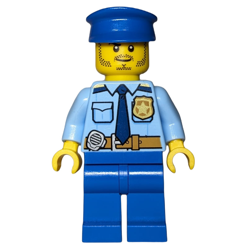 fig-008861 – Policeman, Bright Light Blue Shirt with Dark Blue Tie, Badge, and Radio on Belt, Blue Legs, Blue Hat
