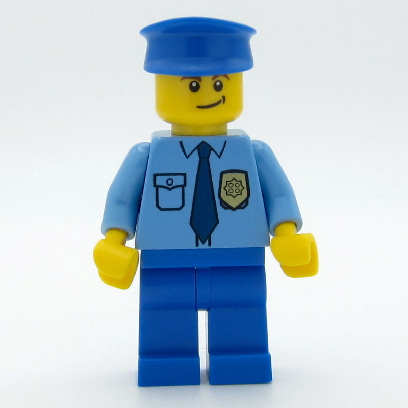 fig-008864 – Policeman, Medium Blue Shirt with Badge and Tie, Blue Legs, Blue Hat, Brown Eyebrows