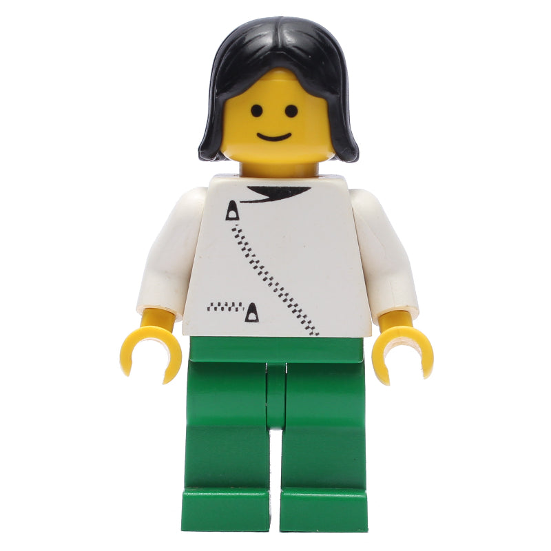 fig-008867 – Woman, White Jacket with Zipper, Green Legs, Black Hair