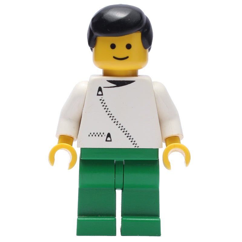 fig-008868 – Man, White Jacket with Zipper, Green Legs, Black Hair