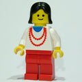 fig-008872 – Woman, White Top with Red Necklace, Red Legs, Black Hair (3626b Head)