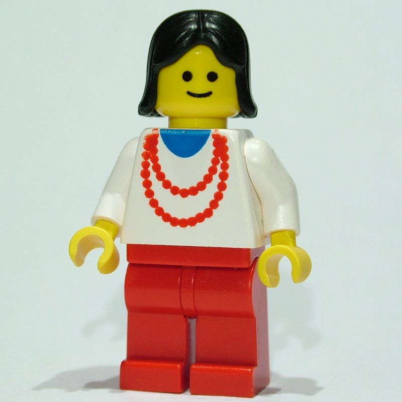 fig-008872 – Woman, White Top with Red Necklace, Red Legs, Black Hair (3626b Head)