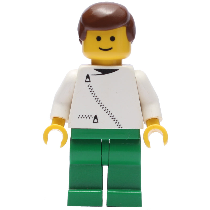 fig-008878 – Man, White Jacket with Zipper, Green Legs, Brown Hair