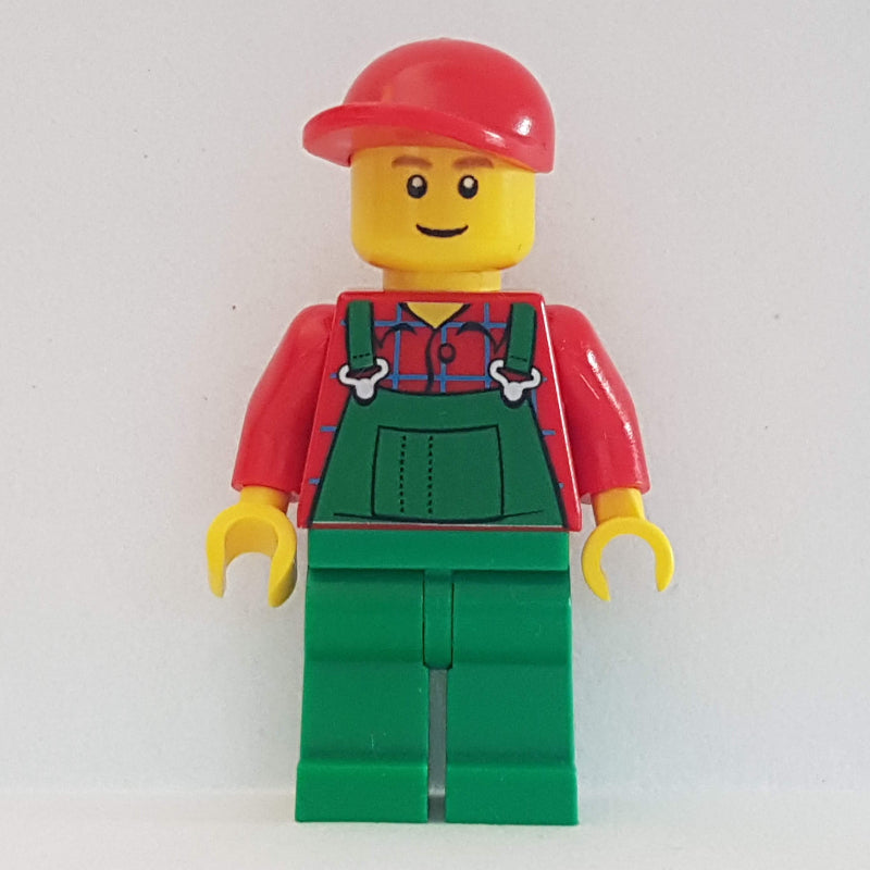 fig-008880 – Man, Green Overalls over Red Shirt, Red Cap, Brown Eyebrows, Reddish Brown Eyebrows