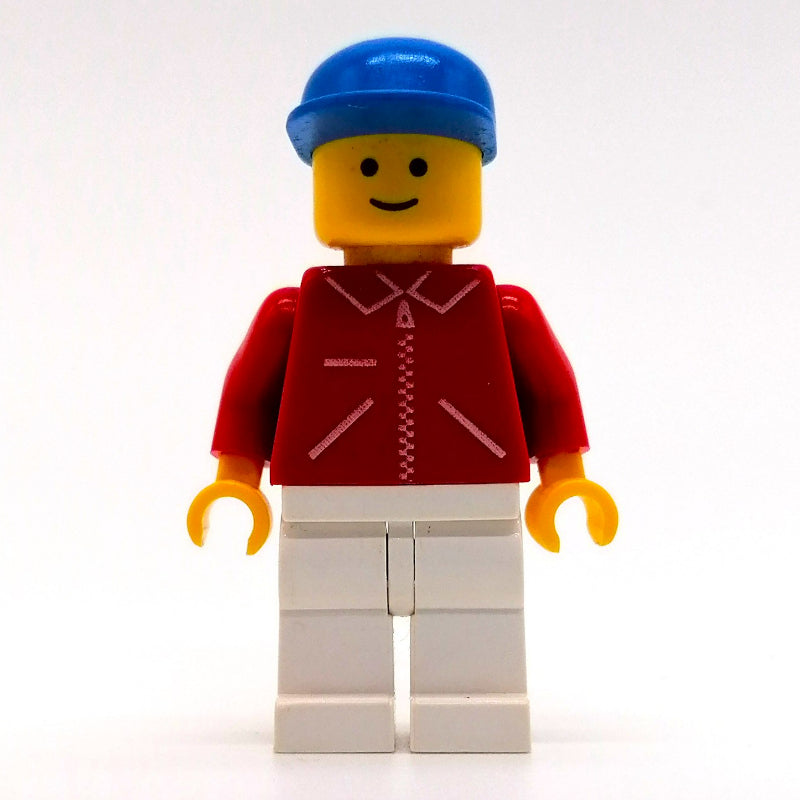 fig-008890 – Man, Red Jacket with Zipper and Pockets, White Legs, Blue Cap