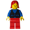 fig-008895 – Woman, Black Vest over Blue Top, Red Legs, Red Hair