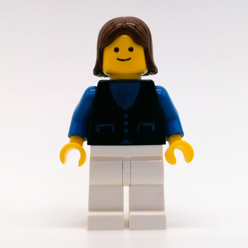 fig-008896 – Woman, Black Vest over Blue Top, White Legs, Brown Hair