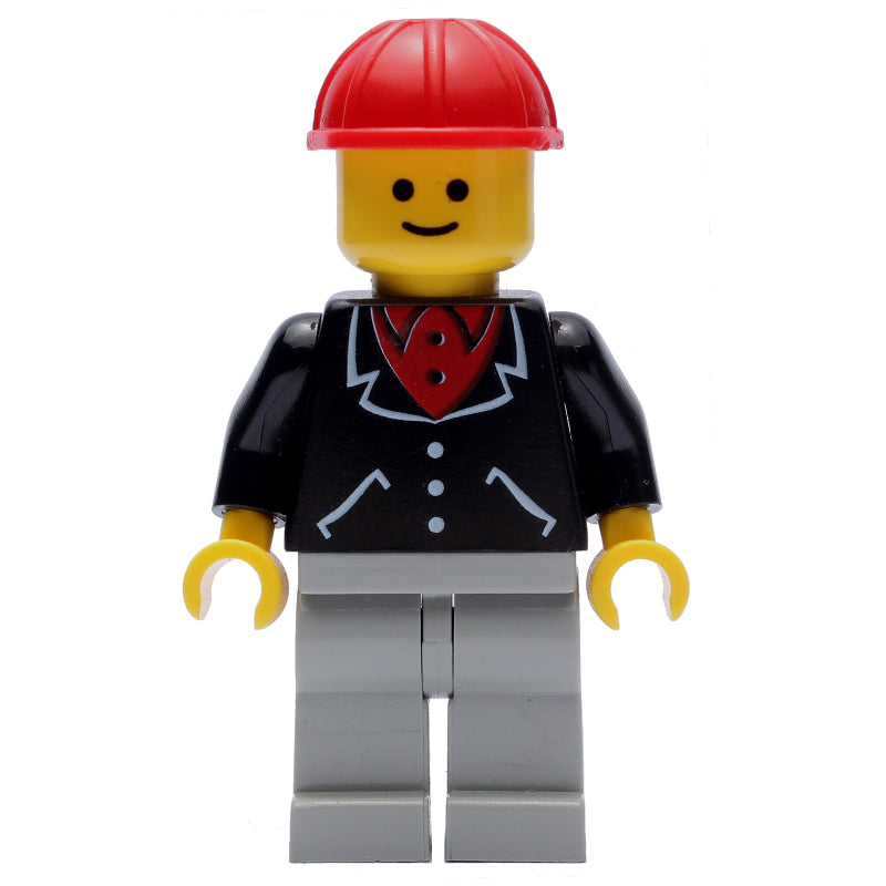 fig-008897 – Man, Black Jacket over Red Shirt, Light Gray Legs, Red Hard Hat