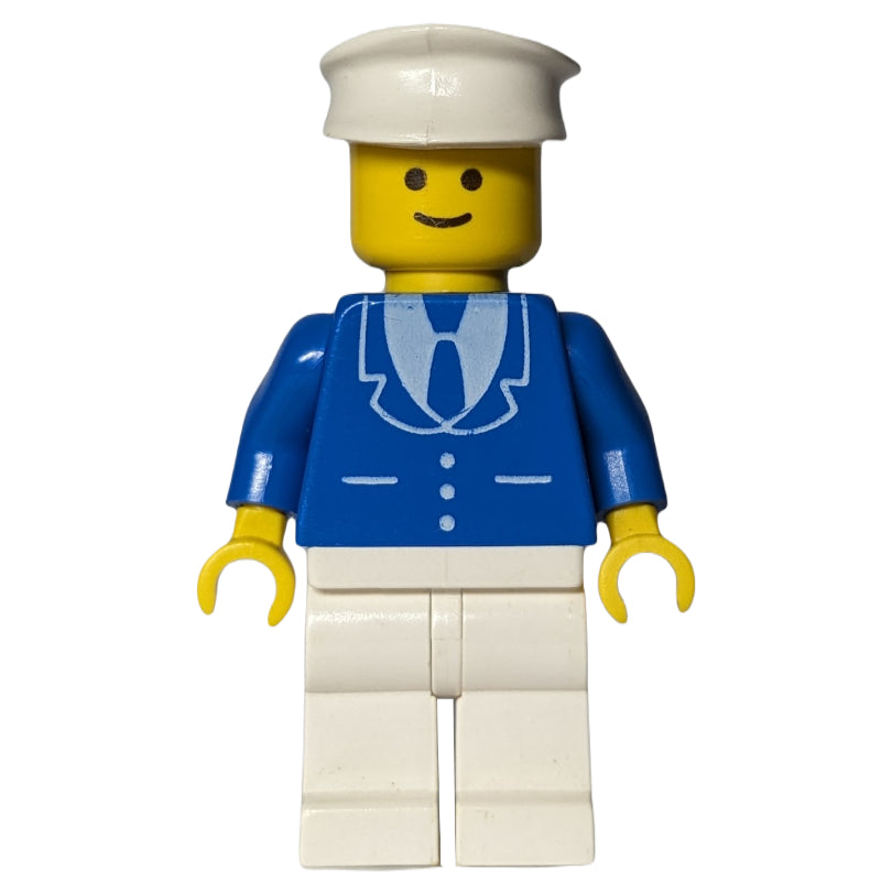fig-008899 – Man, Blue Jacket with Tie and Three Buttons, White Legs, White Hat