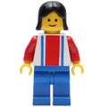 fig-008900 – Woman, White Top with Large Red Stripe and 2 Blue Stripes, Blue Legs, Black Hair