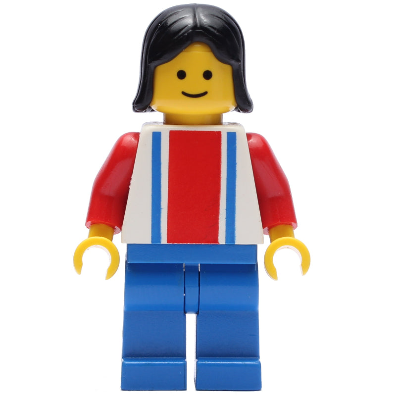 fig-008900 – Woman, White Top with Large Red Stripe and 2 Blue Stripes, Blue Legs, Black Hair