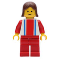fig-008901 – Woman, White Top with Large Red Stripe and 2 Blue Stripes, Red Legs, Brown Hair