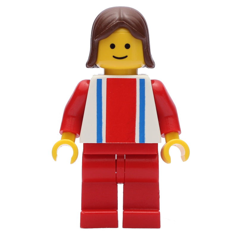 fig-008901 – Woman, White Top with Large Red Stripe and 2 Blue Stripes, Red Legs, Brown Hair
