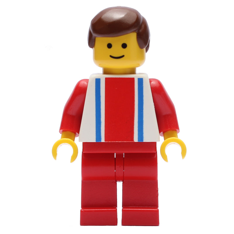 fig-008983 – Man, White Top with Large Red Stripe and 2 Blue Stripes, Red Legs, Brown Hair (3626a Head)